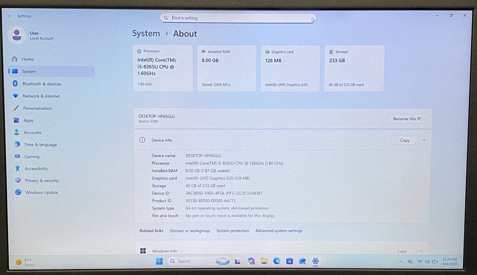 Dell Vostro 3580 15″ intel Core i5-8265U @ 1.60GHz 8GB 256GB SSD Windows 11 Pro
