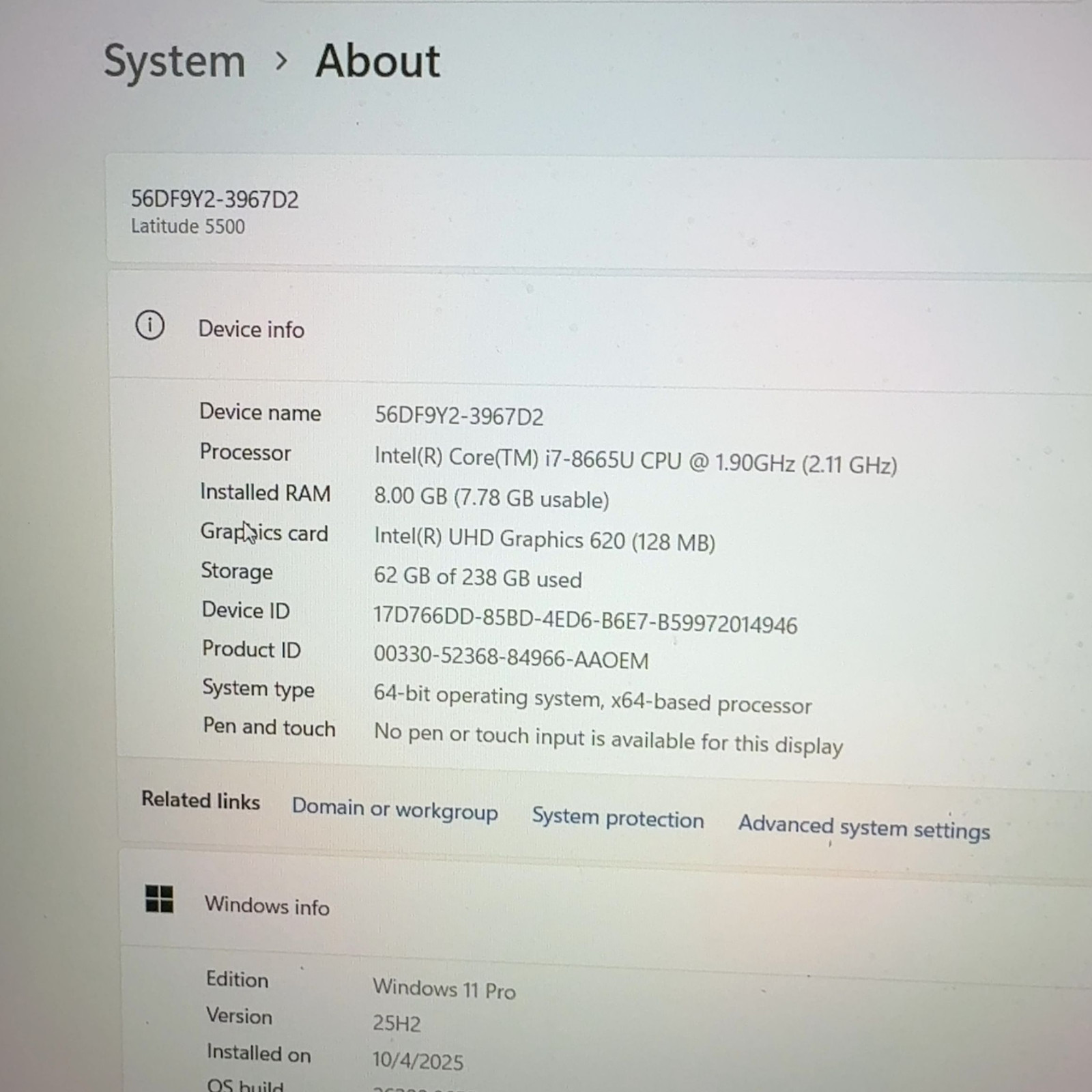 Dell Latitude 5500 15.6″ i7-8665U 1.9GHz 8GB RAM 256GB NVMe SSD Win 11 Pro