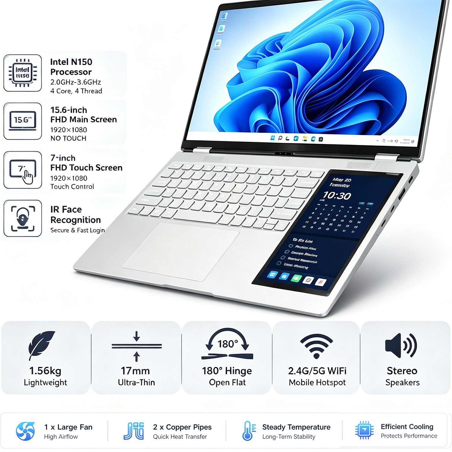 Dual Screen Laptop15.6+7″Touch Intel N150 16GB DDR4 RGB Keyboard Face ID Windows