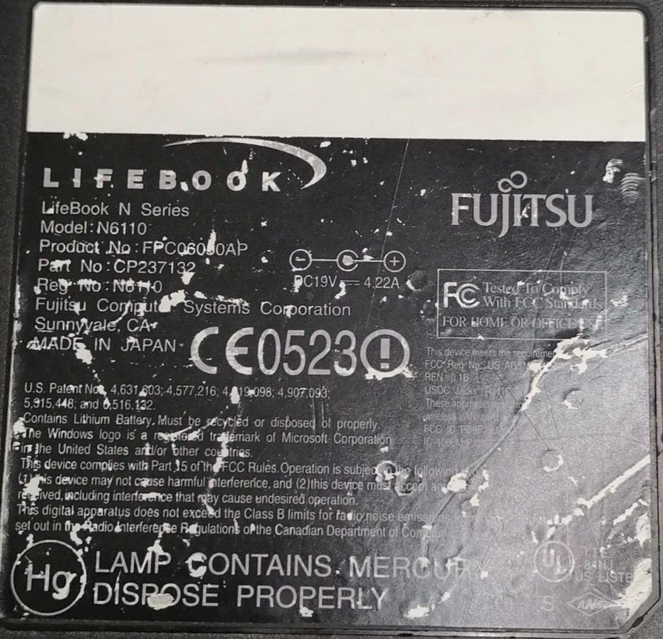 FOR PARTS 17″ Fujitsu Lifebook N6110 (Pentium M 750/1.86 GHz/2 GB RAM/NO HDD)