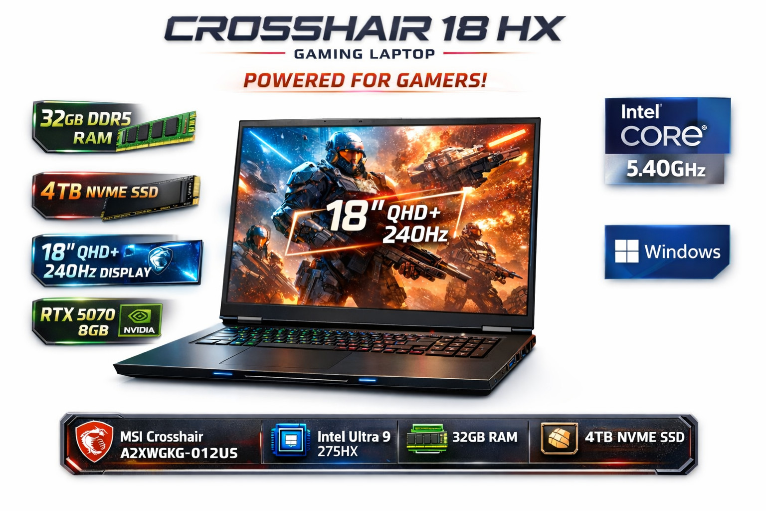 NEW MSI Crosshair 18 HX AI 18″ Ultra 9 5.7GHz Nvidia RTX 5070 64GB DDR5 4TB SSD