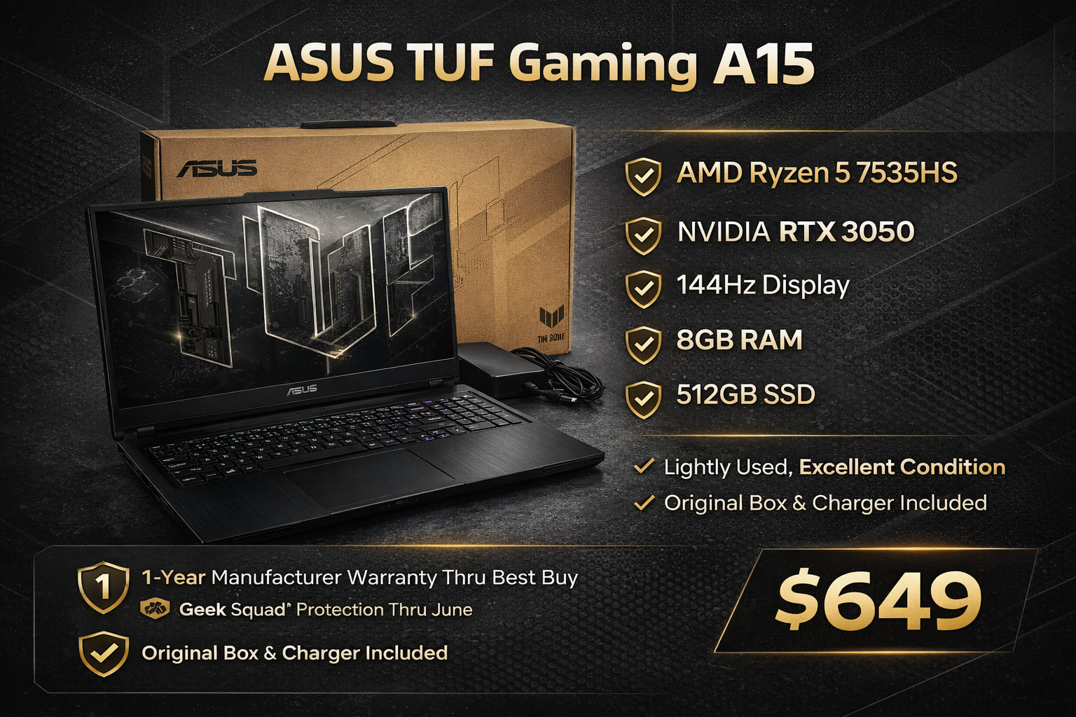 ASUS TUF A15 Gaming Laptop Ryzen 5 7535HS RTX 3050 8GB RAM 512GB SSD in BLACK