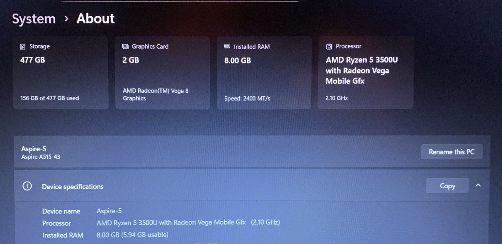 Acer Aspire 5 | Ryzen 5 3500U | 8GB RAM | Radeon Vega 8 | 500GB SSD