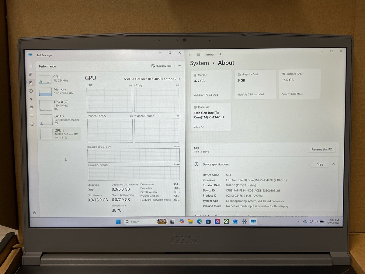 MSI Thin 15 B13VE 15.6″ i5-13420H RTX 4050 16GB 512GB Laptop (PO1023540)