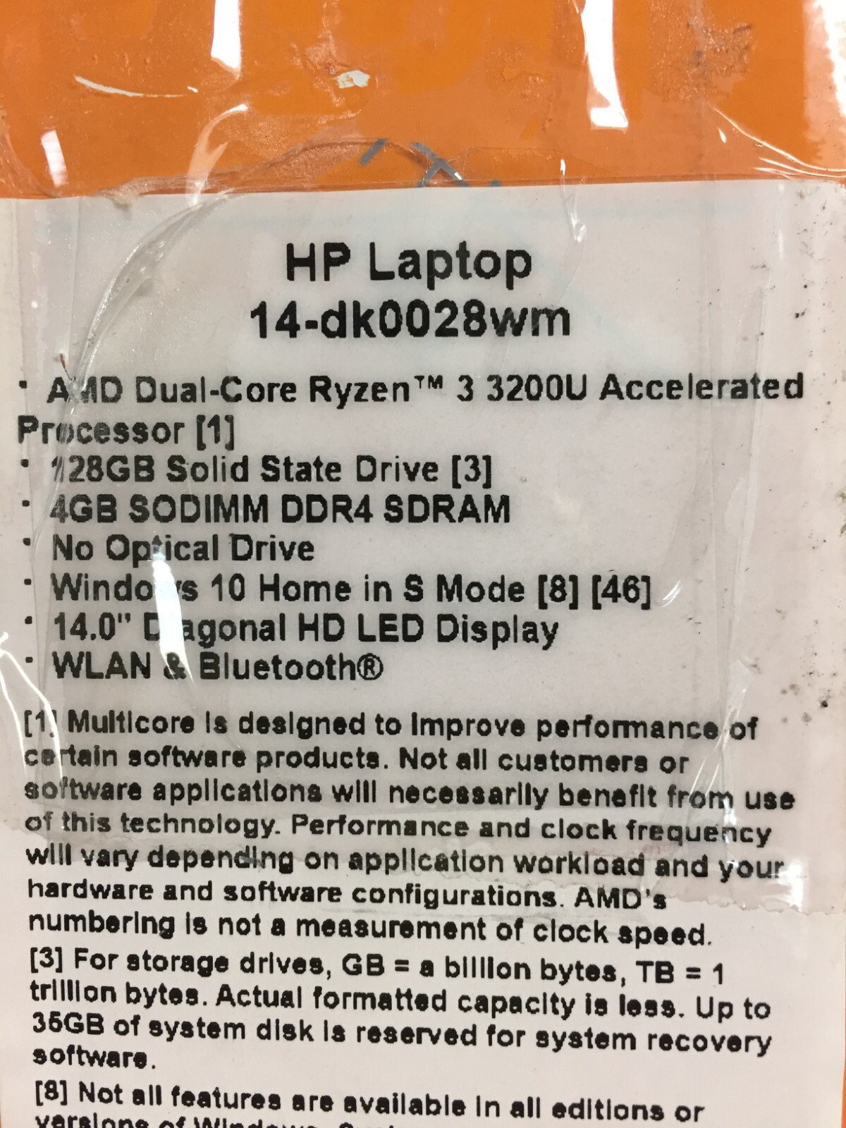 HP 14-dk0028wm 7MP80UA 14″ Laptop/AMD R3-3200U/4GB Ram/128GB SSD/Win 10, Silver