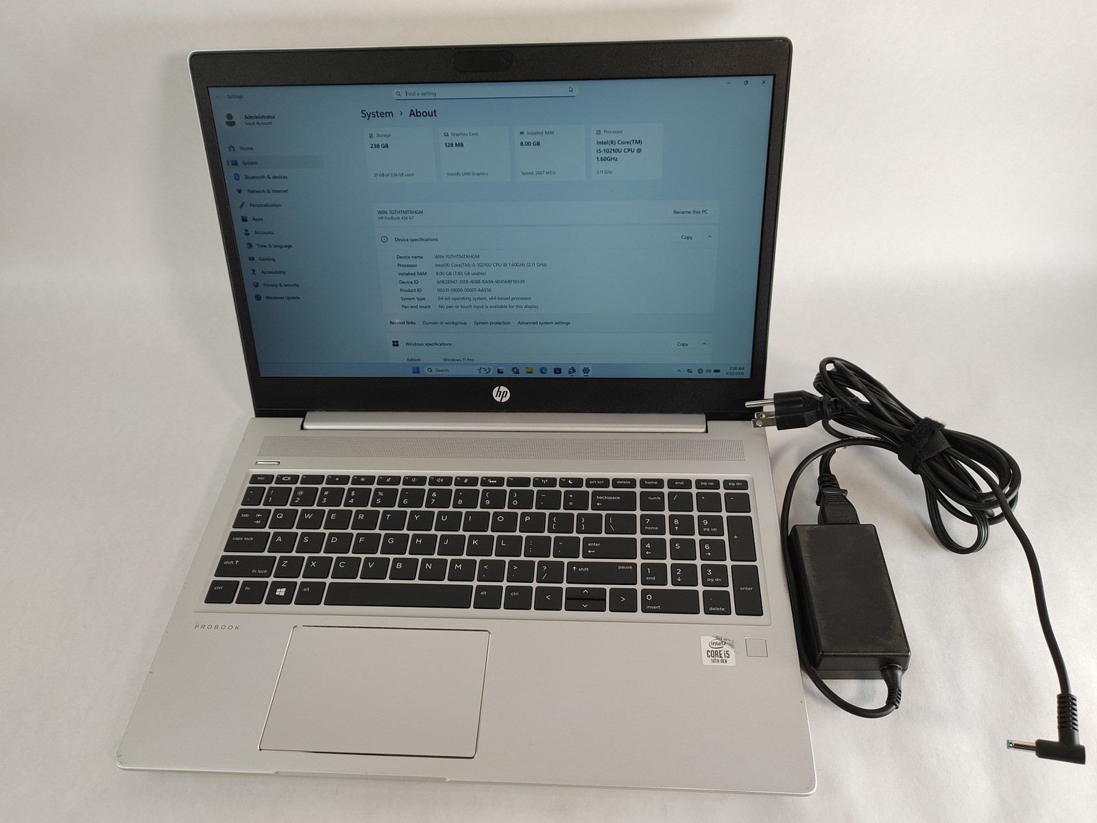 HP ProBook 450 G7 Core i5-10210U 1.60 GHz 8 GB DDR4 256 GB NVMe Windows 11 Pro