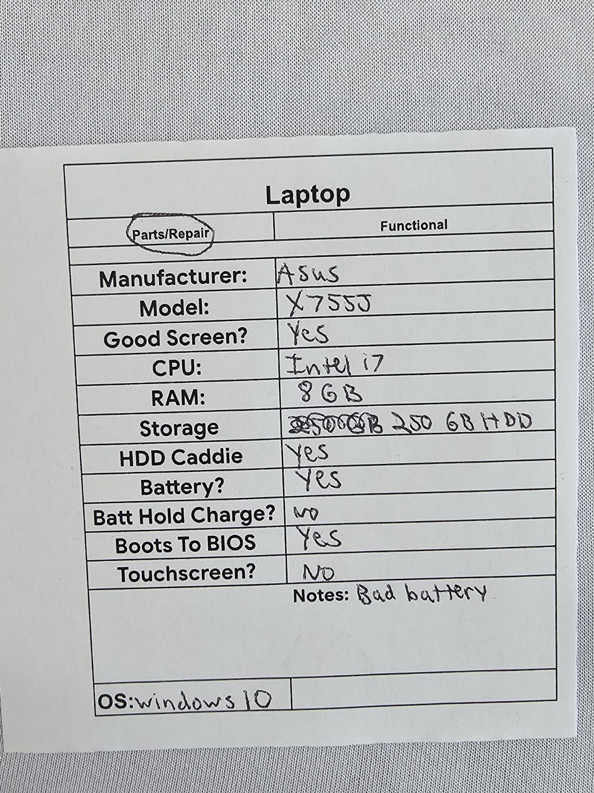 ASUS X755J Laptop – Intel i7 – 8GB RAM – 250GB HDD – BAD BATT – Windows 10