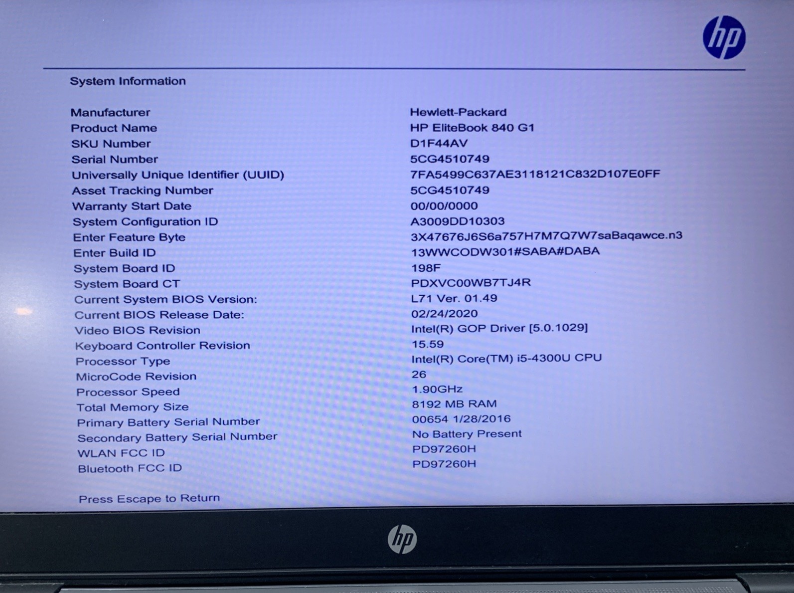 HP EliteBook 840 G1 14″, Intel Core i5-4300U @ 1.9GHz, 8GB RAM, No SSD/OS