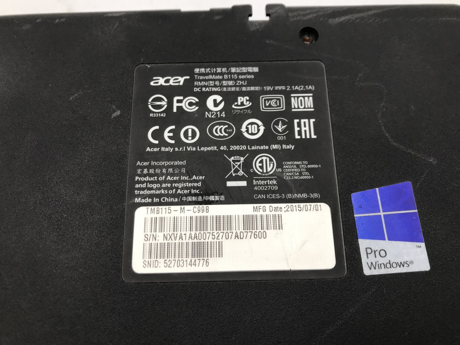 ACER TRAVELMATE B115 SERIES – FOR PARTS/NO POWER – INTEL CELERON N – 4GB RAM -BB