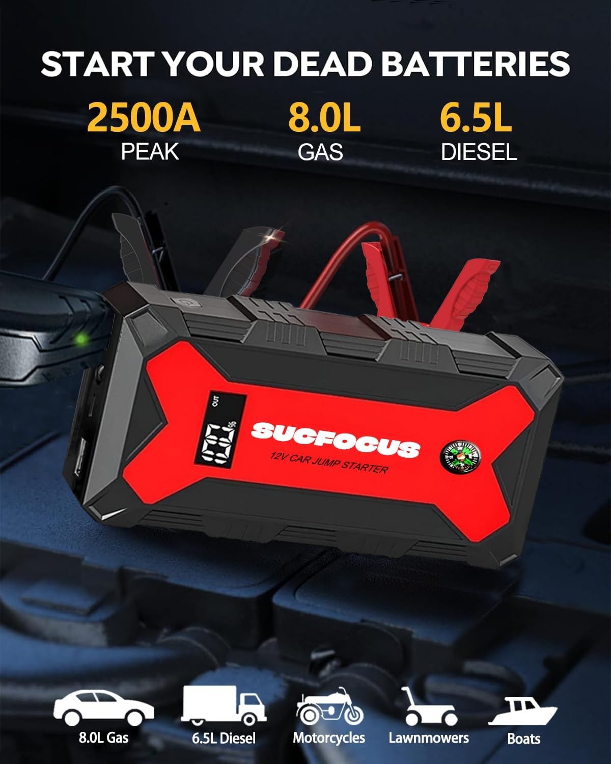 Portable Car Jump Starter 2500A for 8.0L Gas/7L Diesel, LED Light, USB QC3.0