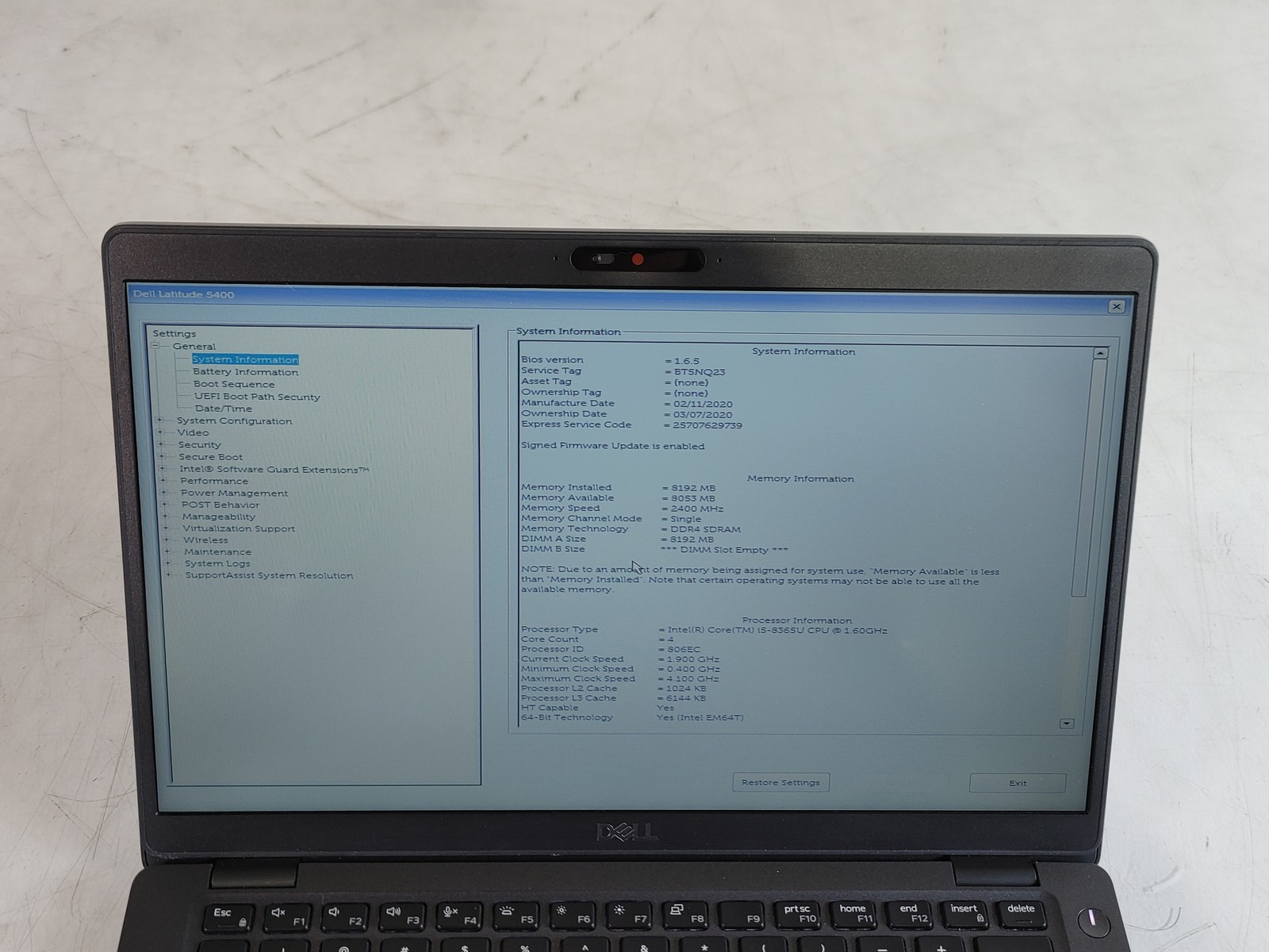 Dell Latitude 5400 Core i5-8365U 1.60 GHz 8 GB DDR4 No HDD