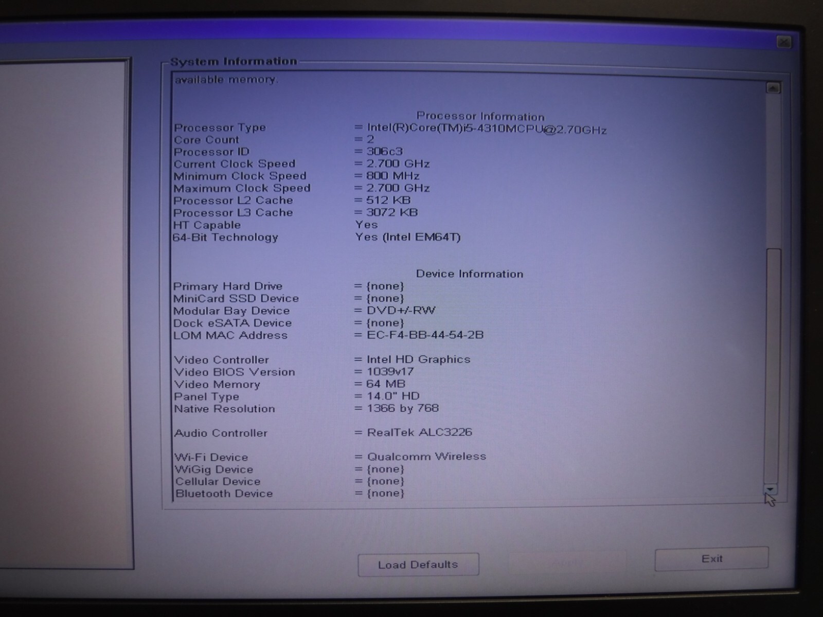 Dell Latitude E6440 14″ | 2.70GHz Dual Core i5-4310M | 8GB DDR3 RAM | NO HHD/OS.