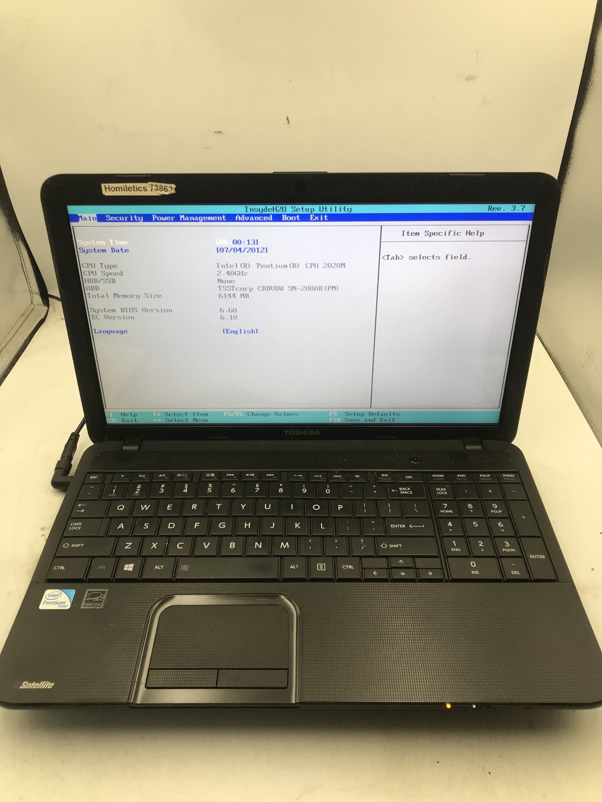 TOSHIBA SATELLITE C855 S5190 – BOOTS TO BIOS – INTEL PENTIUM 2020M – 6GB RAM -BB