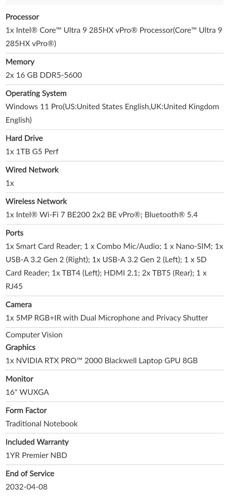 Lenovo ThinkPad P16 Gen 3 16″ Ultra 9 285HX 32GB 1TB SSD RTX PRO 2000 Blackwell
