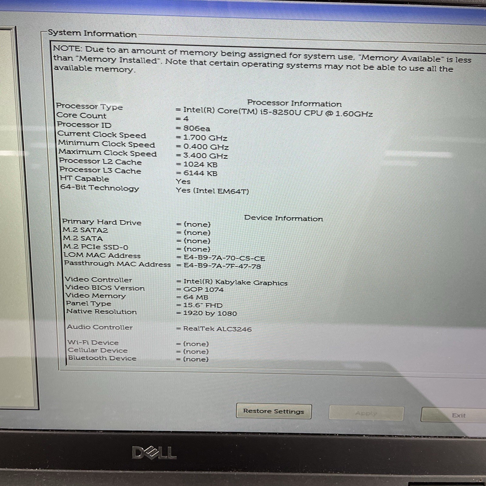 Dell Latitude 5590 15.6″ i5-8250U 1.6 GHz 8GB RAM No SSD No OS – Bad Corner READ