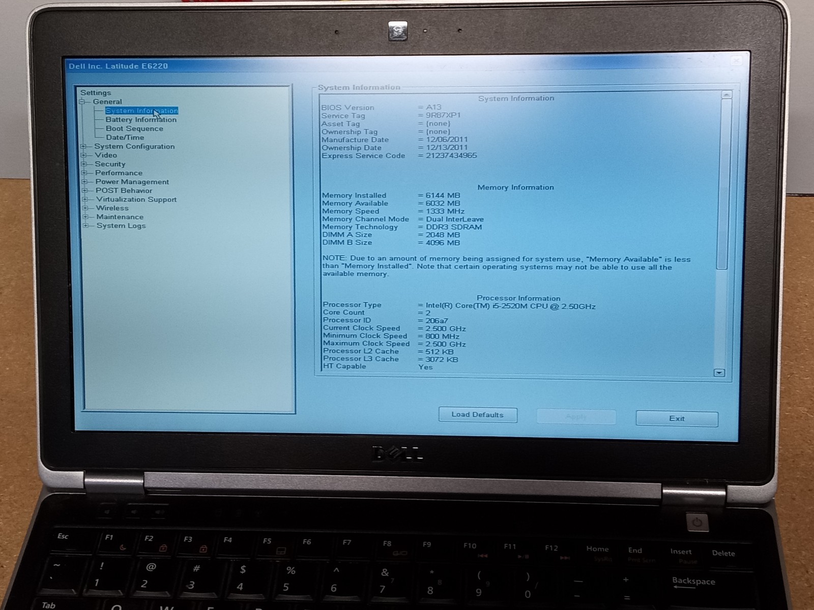 Dell Latitude E6220 Intel Core i5-2520M 2.50GHz 6GB NO HDD