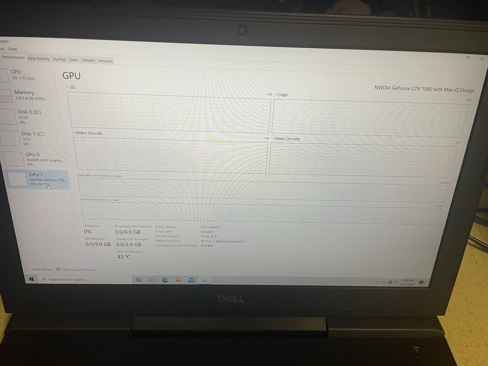 Dell G5 5587 gaming laptop 8GB RAM Nvidia GeForce GTX 1060 with Max-Q Design 6GB