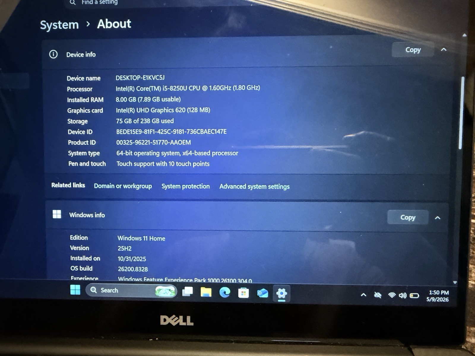 Dell XPS 13.3″ Touchscreen i5-8250U 8GB 256GB SSD Win11