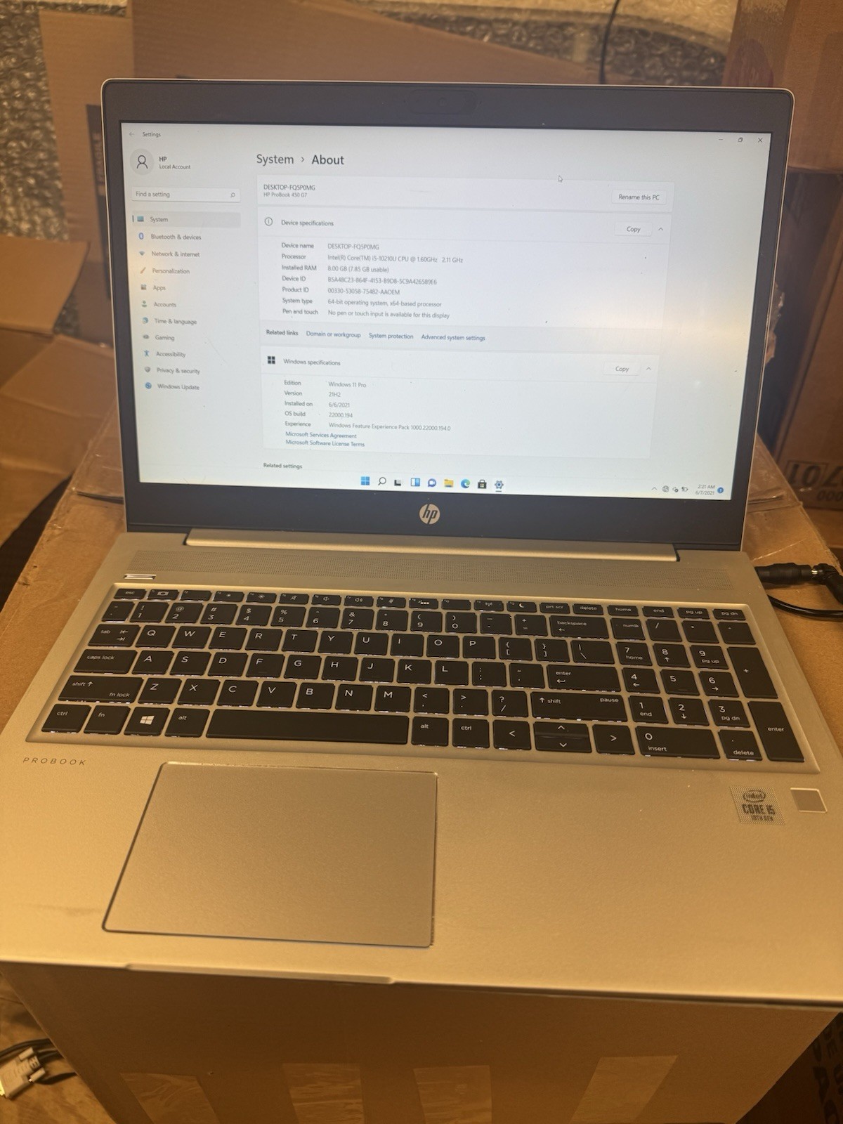 HP ProBook 450 G7 15.6″ i5, 10th gen,8GB 256GB SSD Win 11 Pro