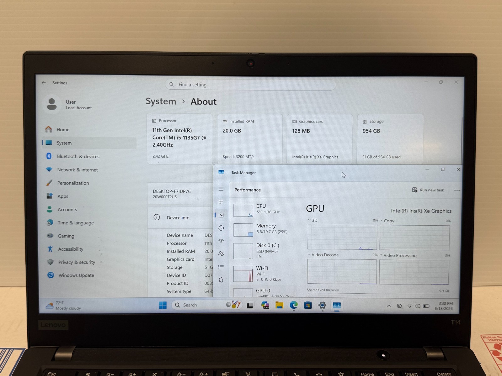 Lenovo Thinkpad T14 Gen2 i5-1135G7 2.40Ghz 20GB M2-1TBSSD 20W000T2US W 11 Pro