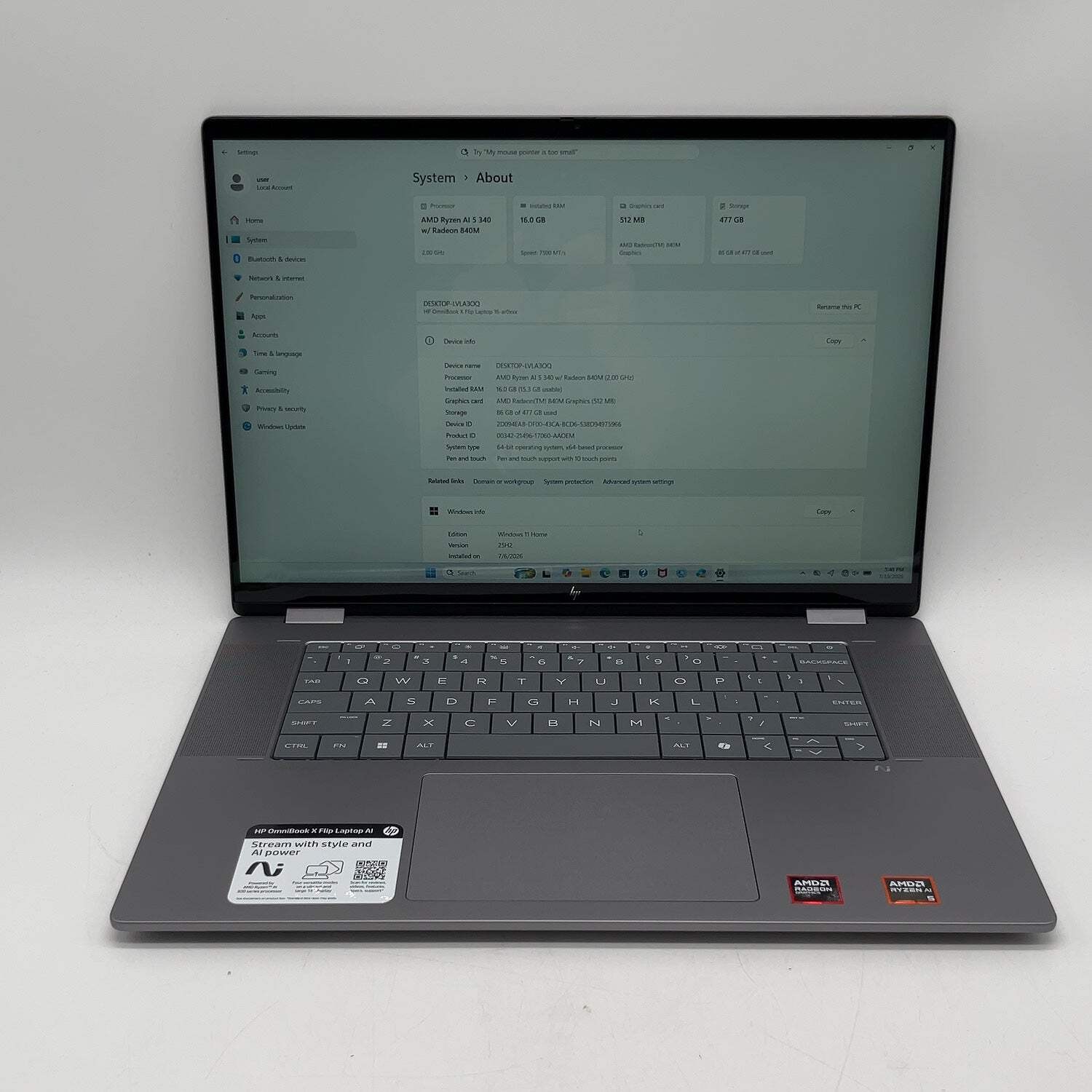 HP Omnibook X Flip 16-AR0013DX 16″ Ryzen AI 5 340 2.0GHz 16GB RAM 512GB SSD