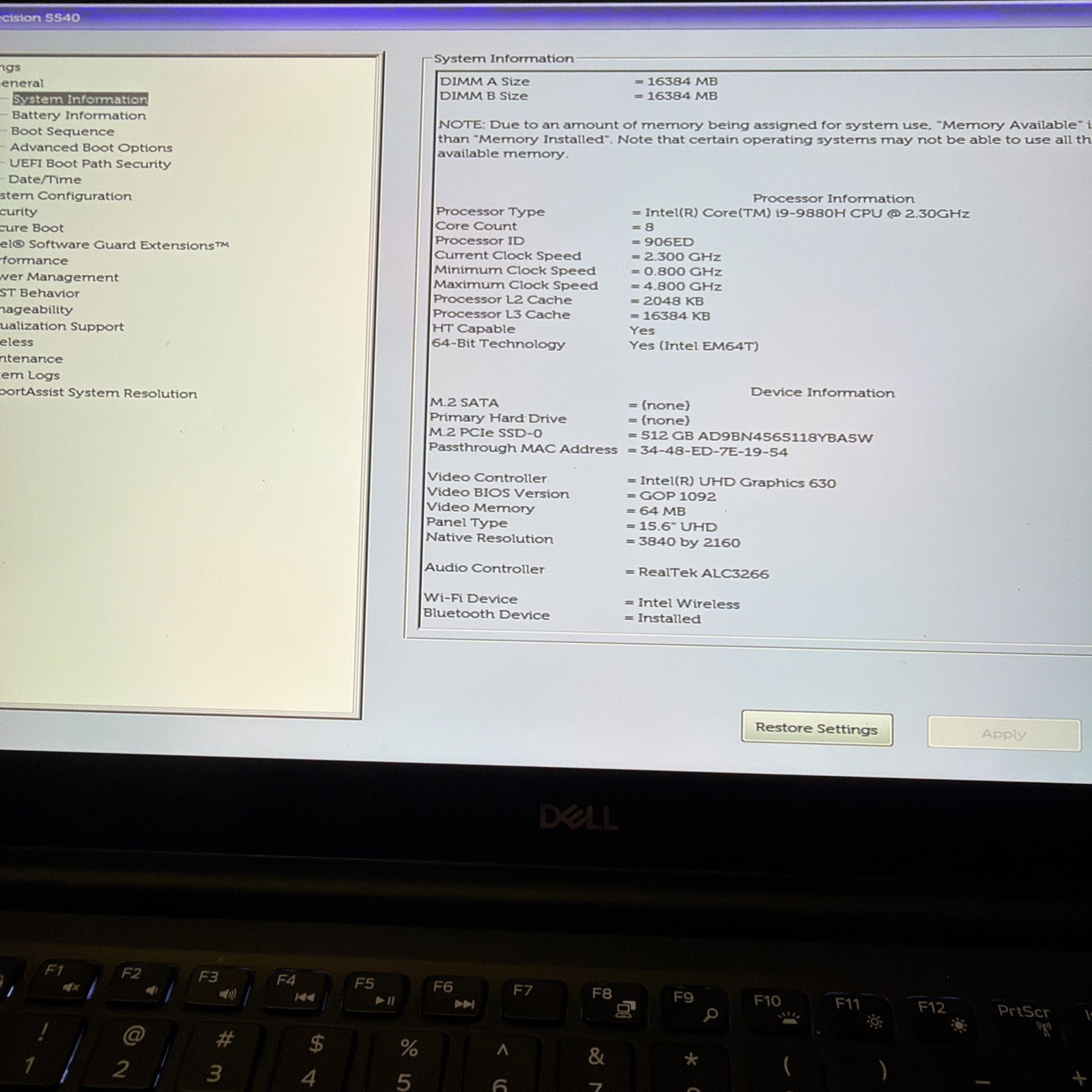 Dell Precision 5540 15.6” 512gb SSD Intel Core i9 9th 32GB RAM NO AC Adapter