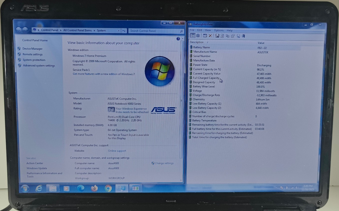ASUS K60I Intel Pentium T4400 2.20GHz/4GB RAM/500GB HDD/16″ Win 7