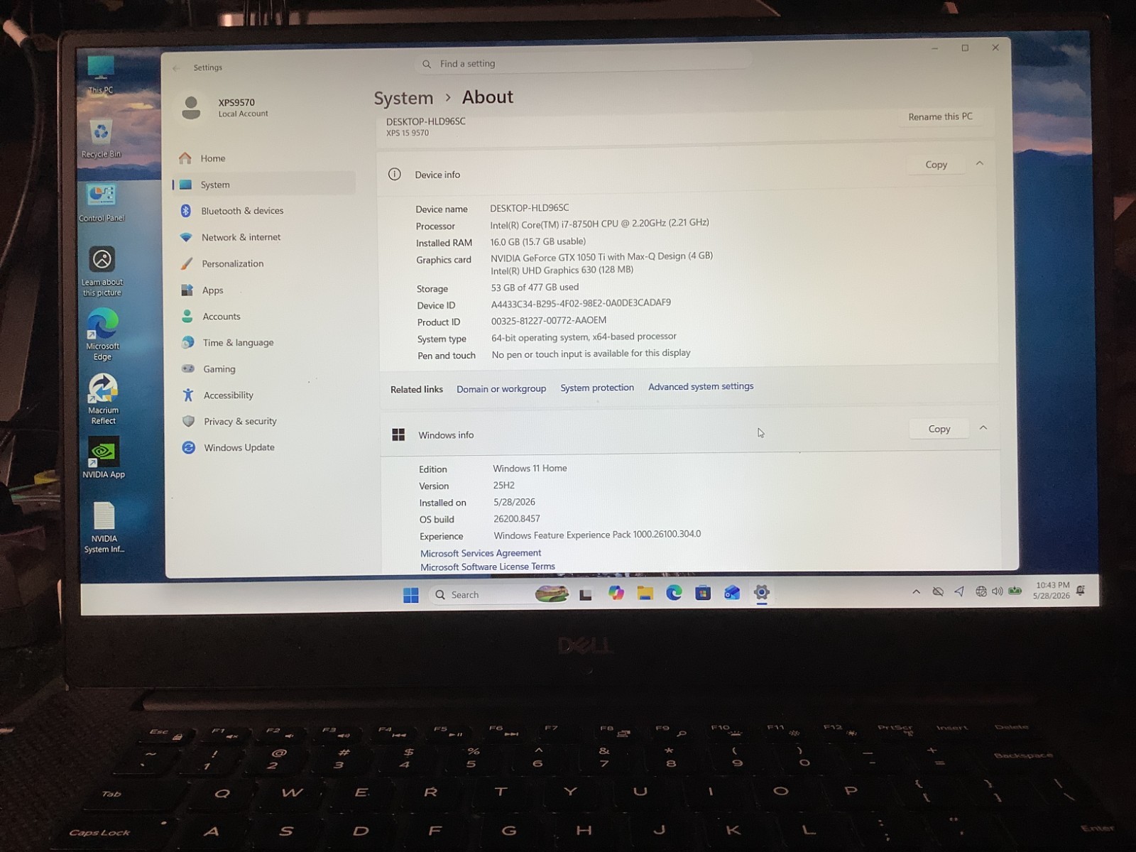 Dell XPS 9570, Gaming-GTX1050Ti, i7-8750H, 16GB – 512GB Windows 11 Home #439RJR2