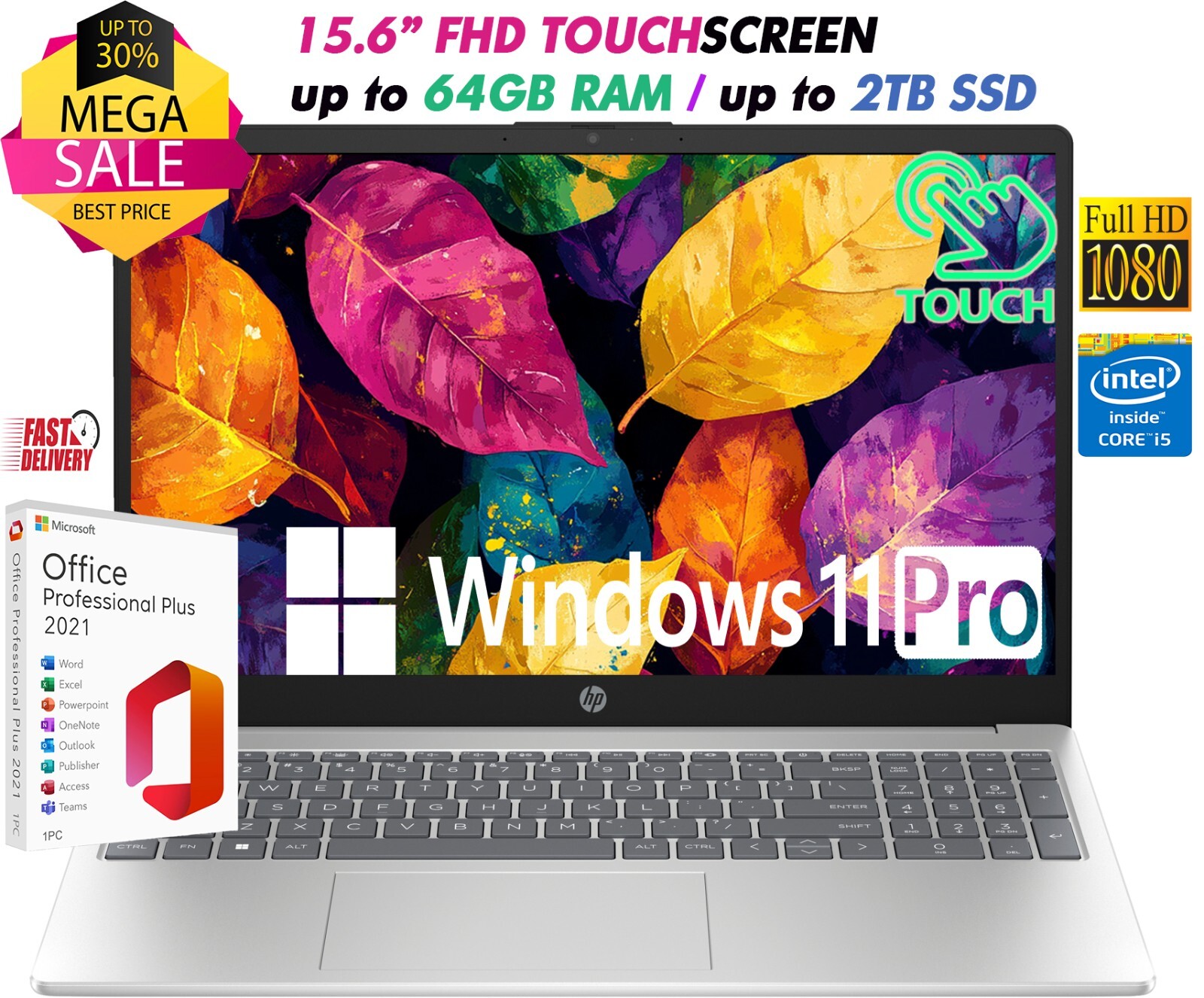 HP Laptop 15″ FHD Touch Intel i5-1235U Up to 64GB RAM & 2TB SSD Win11 Pro+OFFICE