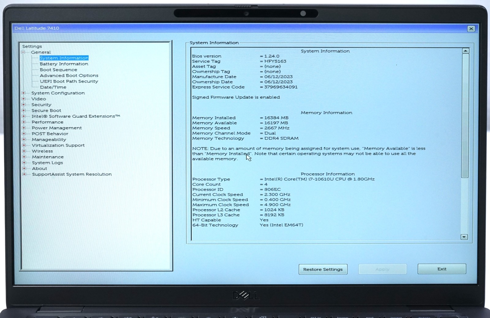 Dell Latitude 7410 Laptop Intel Core i7-10610U @1.80GHz 16GB RAM (No SSD)