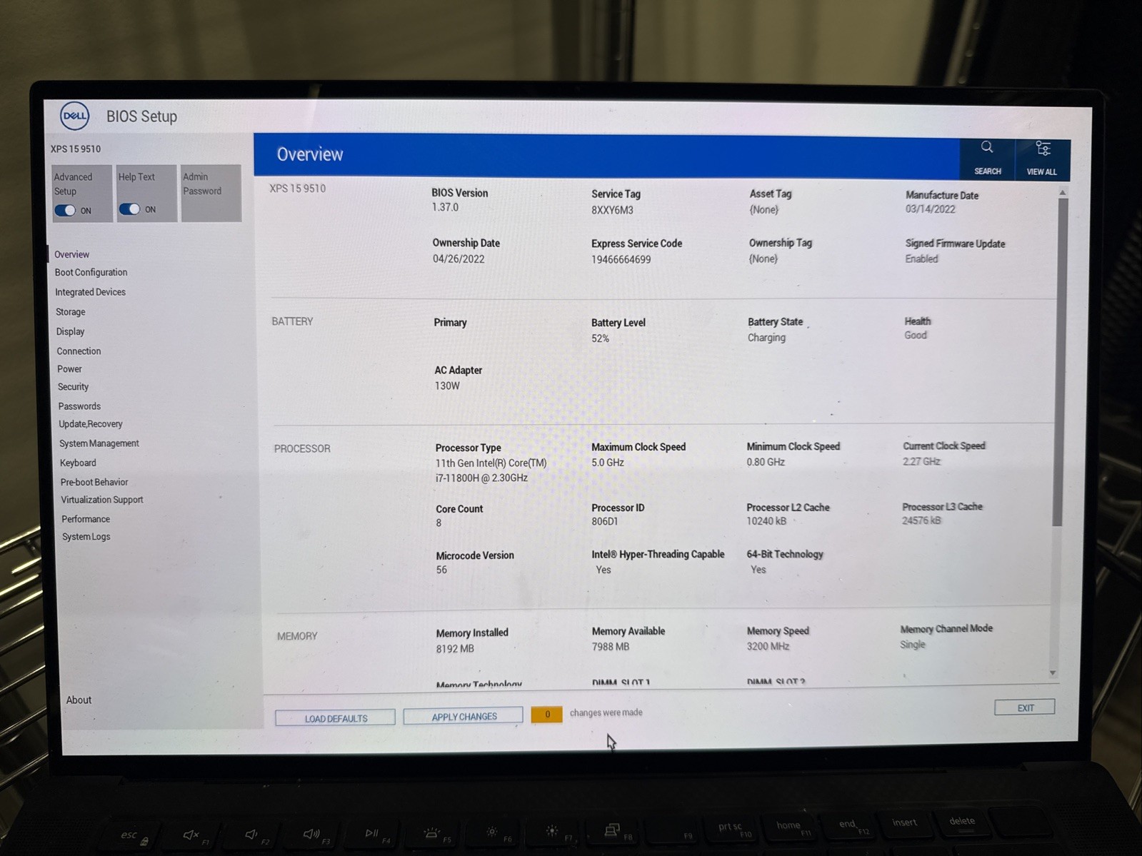 Dell XPS 15 9510 Laptop i7-11800H@2.3GHz 8GB RAM NO SSD RTX 3050 NO AC