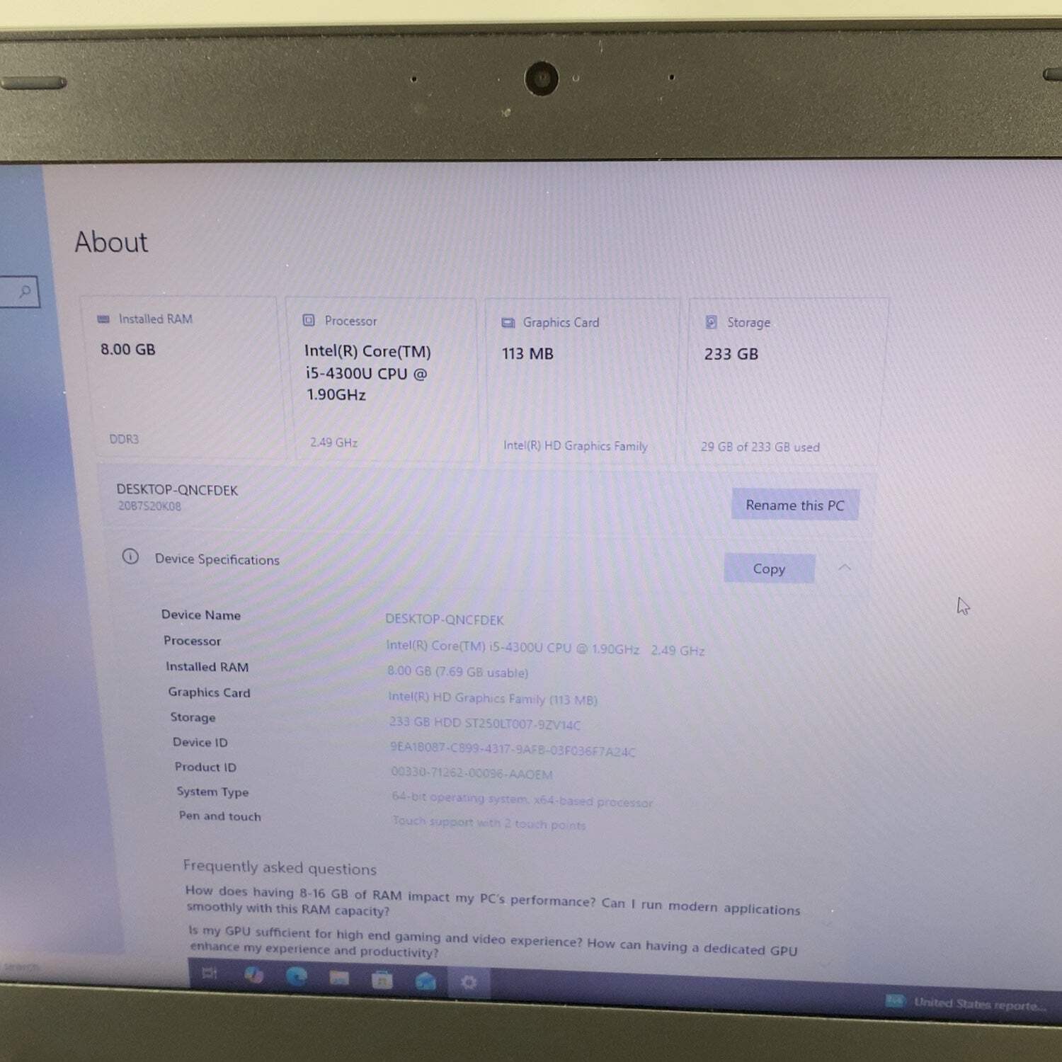 Lenovo ThinkPad T440 20B7S20K08 14″ i5-4300U 1.9GHz 8GB RAM 250GB HDD