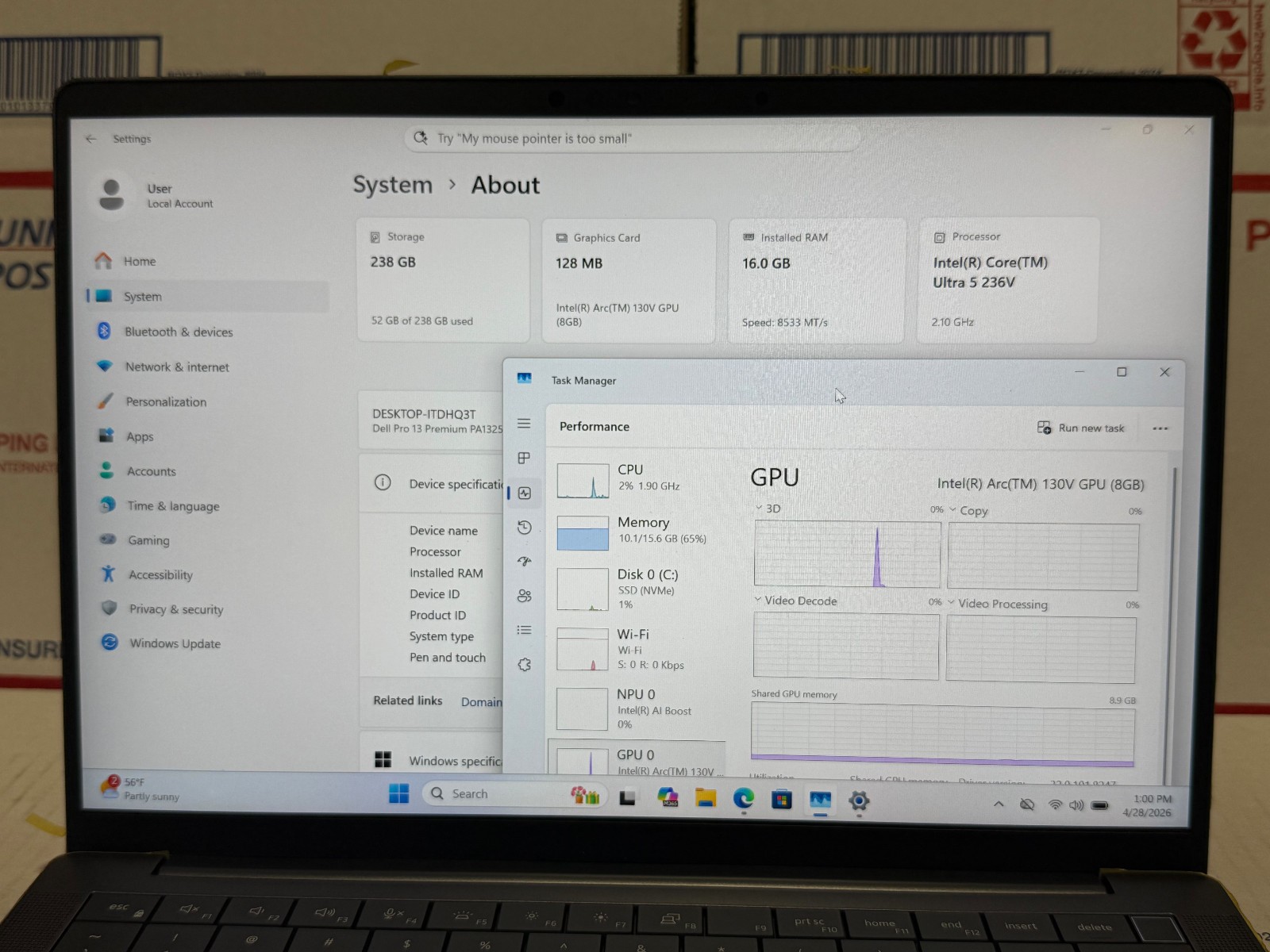 Dell Pro 13 Premium PA13250 core ultra 5 236v 2.10Ghz 16GB M2-256SSD WARRAN 2028