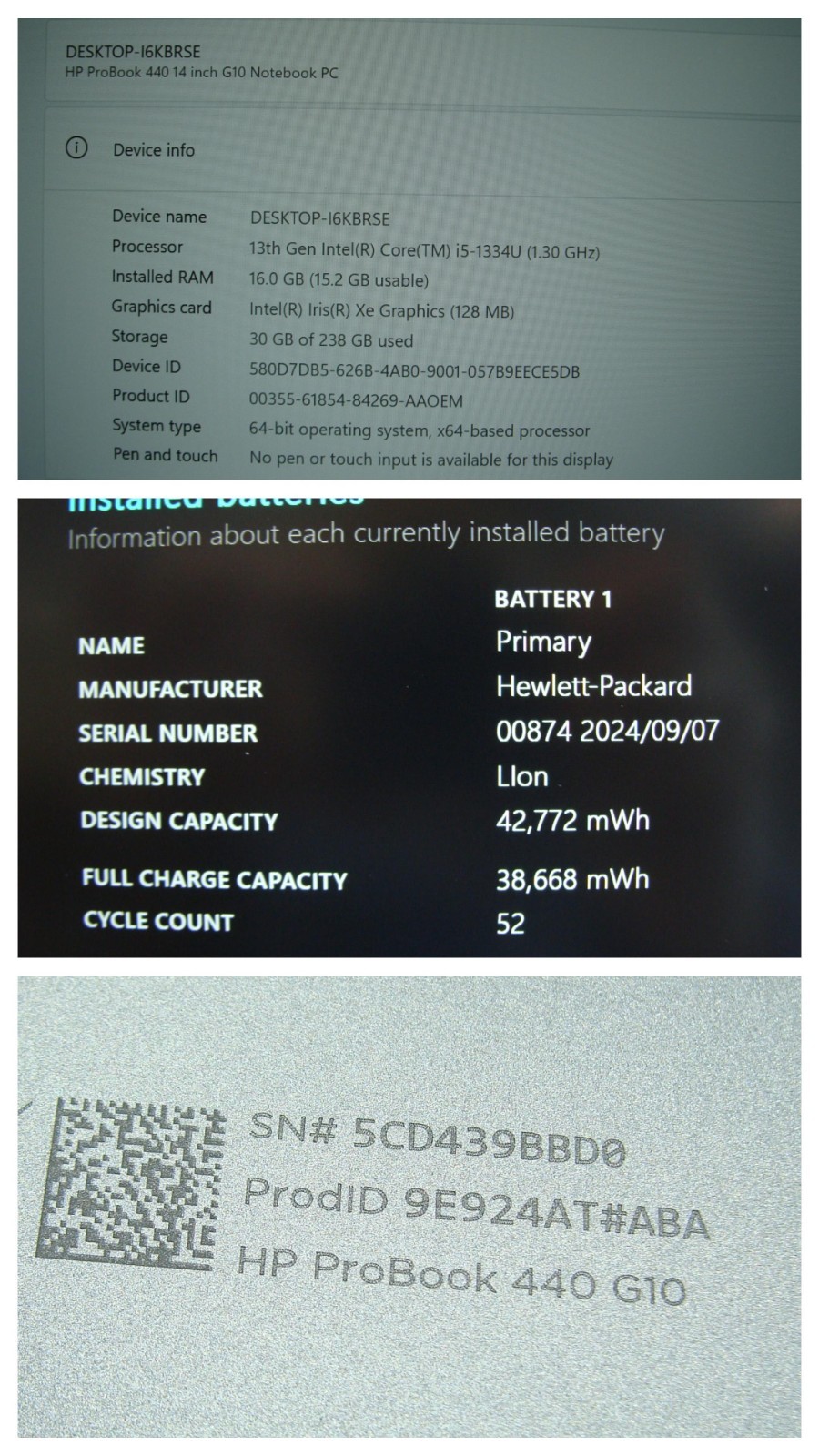 HP ProBook 440 G10 14″FHD i5-1334U 1.3GHZ 16GB 256GB Win11P 91% Battery +Charger