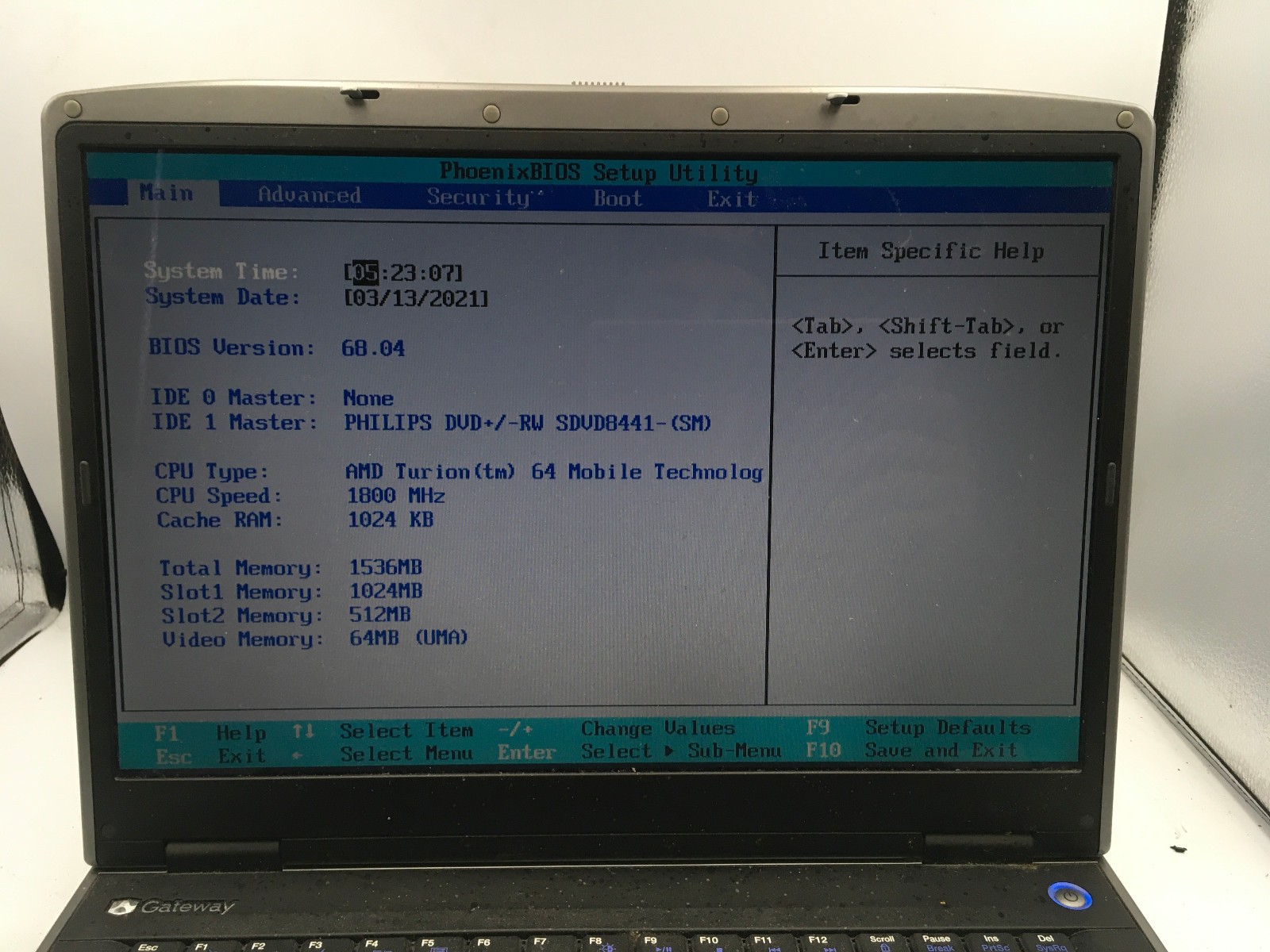 GATEWAY MA3 MX6441 – BOOTS TO BIOS – AMD TURION 64 – 1.5GB RAM – 15″ – READ – BB