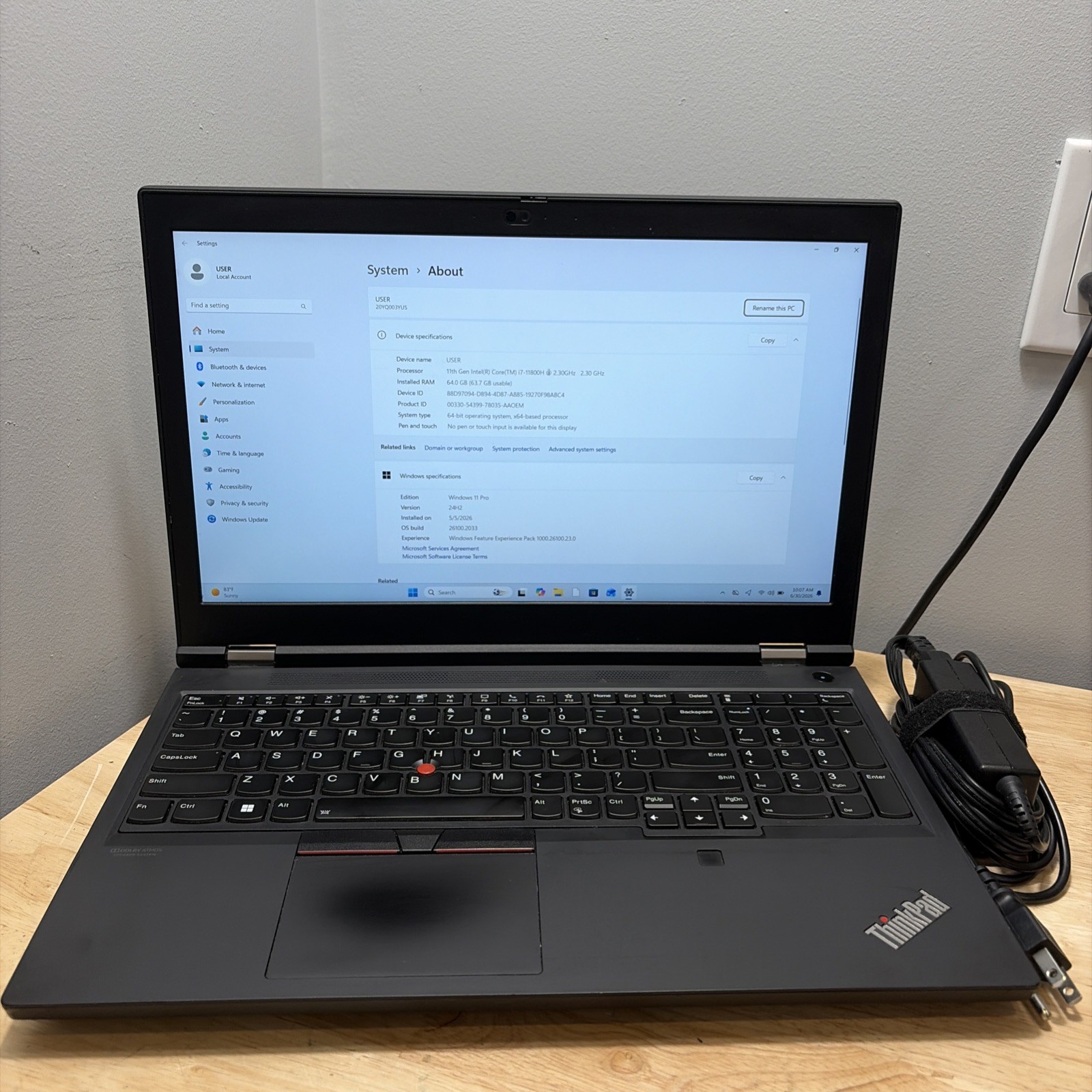 Lenovo ThinkPad P15 Gen 2i Core I7-11800H 2.3GHZ 64GB 1TB Nvidia RTX A4000 Read