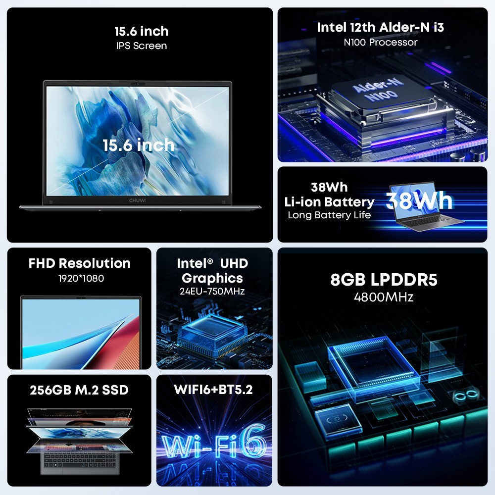 CHUWI GemiBook Plus 15.6″ Windows 11 Laptop, Intel N100, 8/16GB RAM, 256/512 SSD