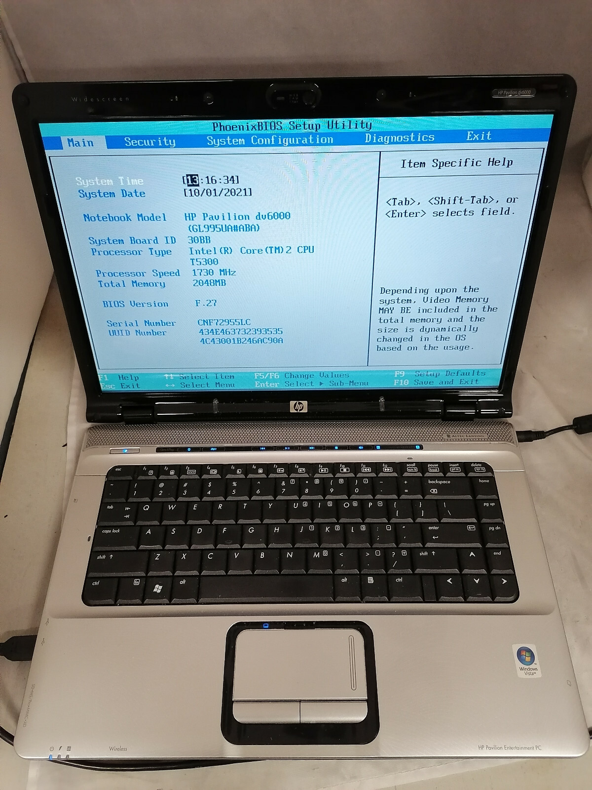 HP Pavilion dv6433cl T5400 2GB Posts to BIOS No Battery No Charger No HDD