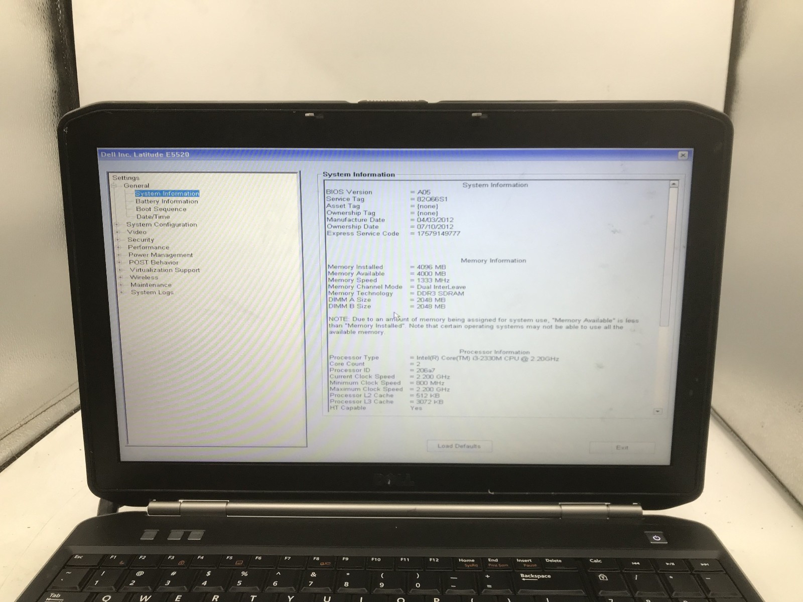 DELL LATITUDE E5520 – BOOTS TO BIOS – INTEL I3 2330M – 4GB RAM – READ DESC – BB!