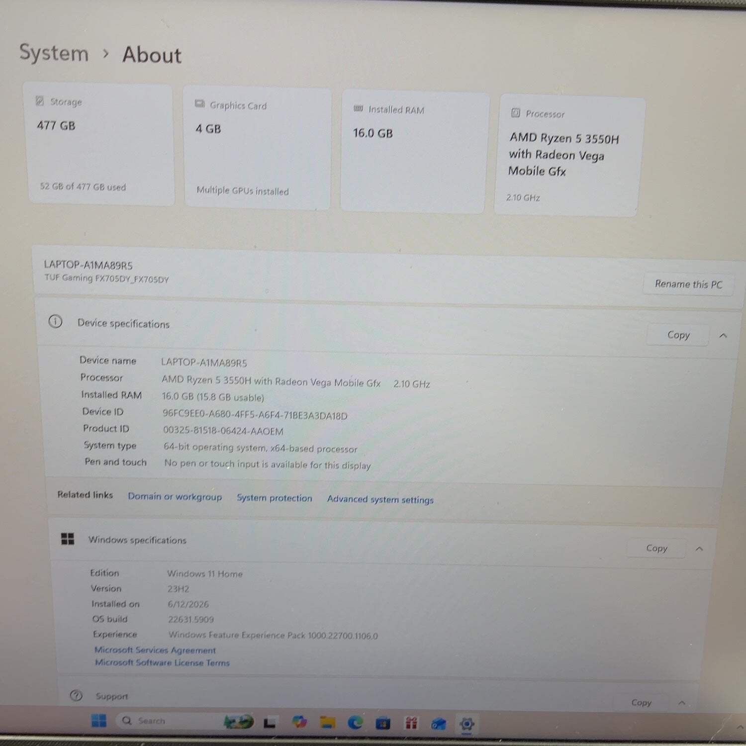 Asus TUF FX705DY 17.1 Ryzen 5 3550H 2.1GHz 16GB RAM 512GB SSD AMD Radeon RX 560X