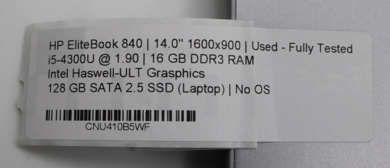 HP Elitebook 840 G1 i5-4300U@1.9GHz 16GB DDR3 128GB SATA SSD NO OS *USED/TESTED*