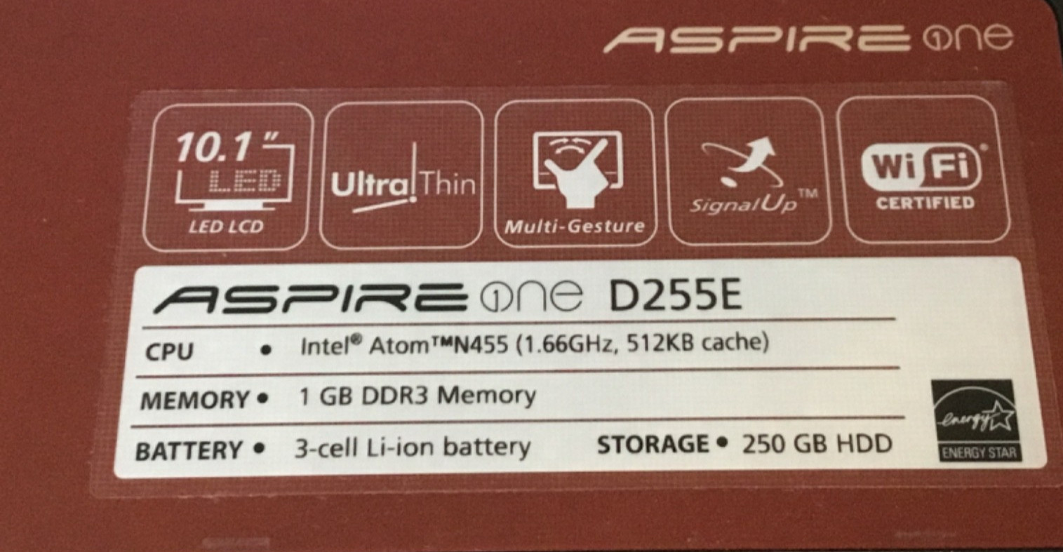 Acer Aspire One D255E Intel Atom N455 1.66GHz, 512KB Cache Windows 7 Bag Charger