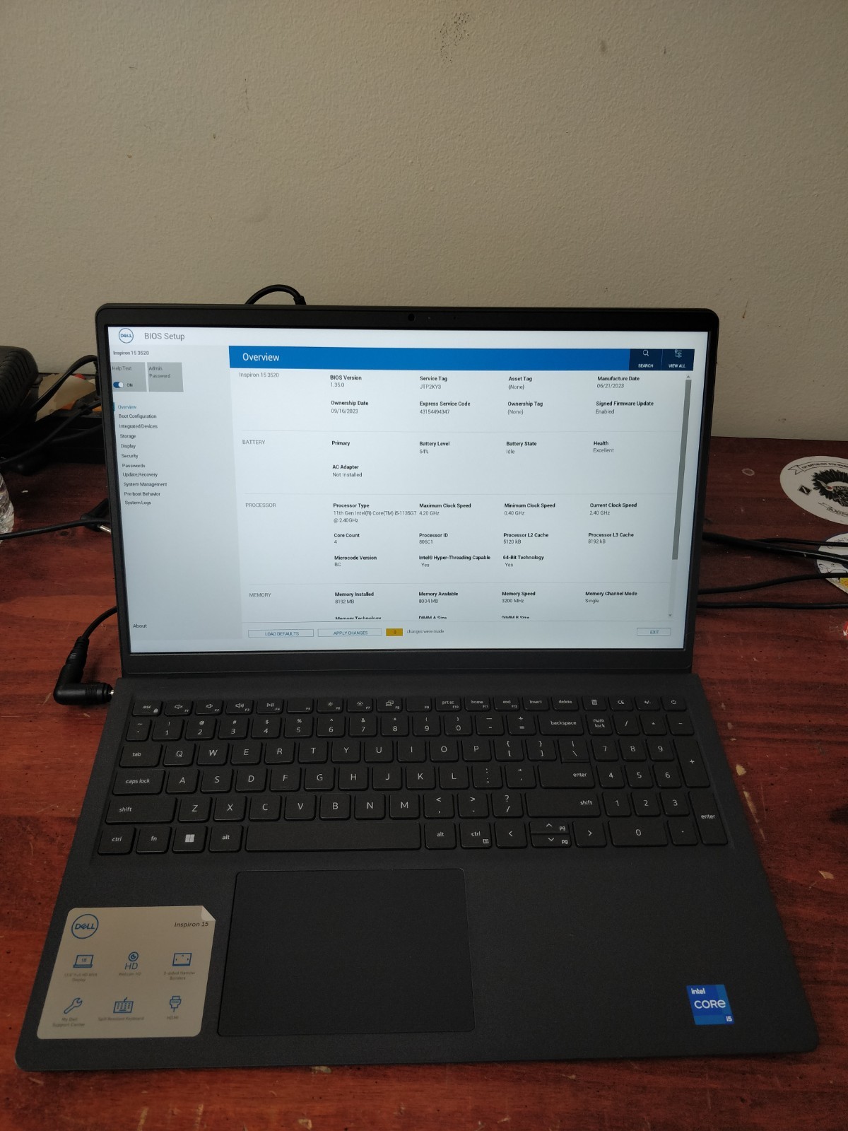 Dell Inspiron 15 3520 INTEL CORE I5-1155G7@2.40GHz 8GB RAM NO DRIVE PARTS 8981