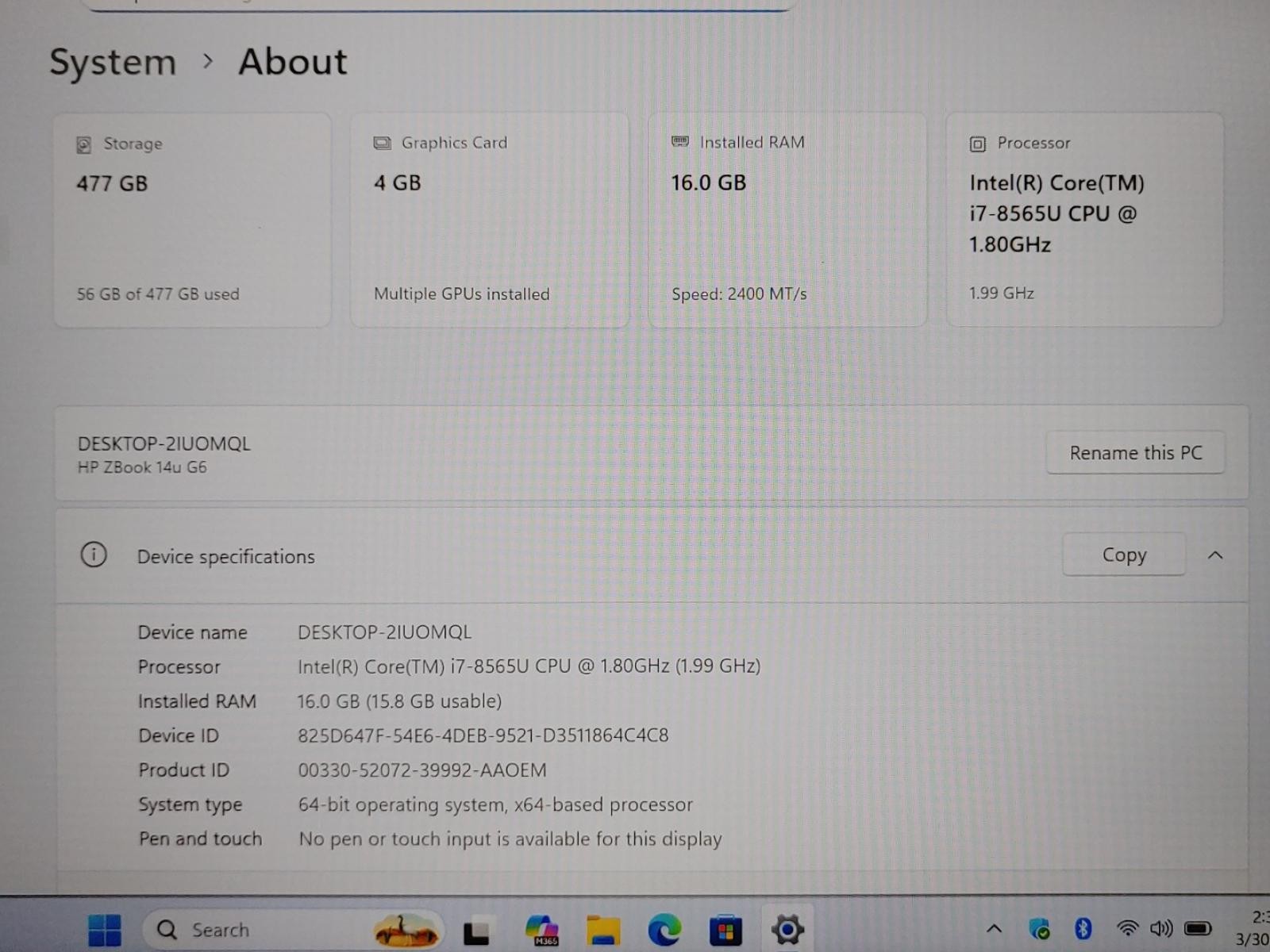 HP ZBook 14u G6 14″ Intel i7-8565U 16GB 512GB SSD Win11 WX3200 *NO A/C* *READ*