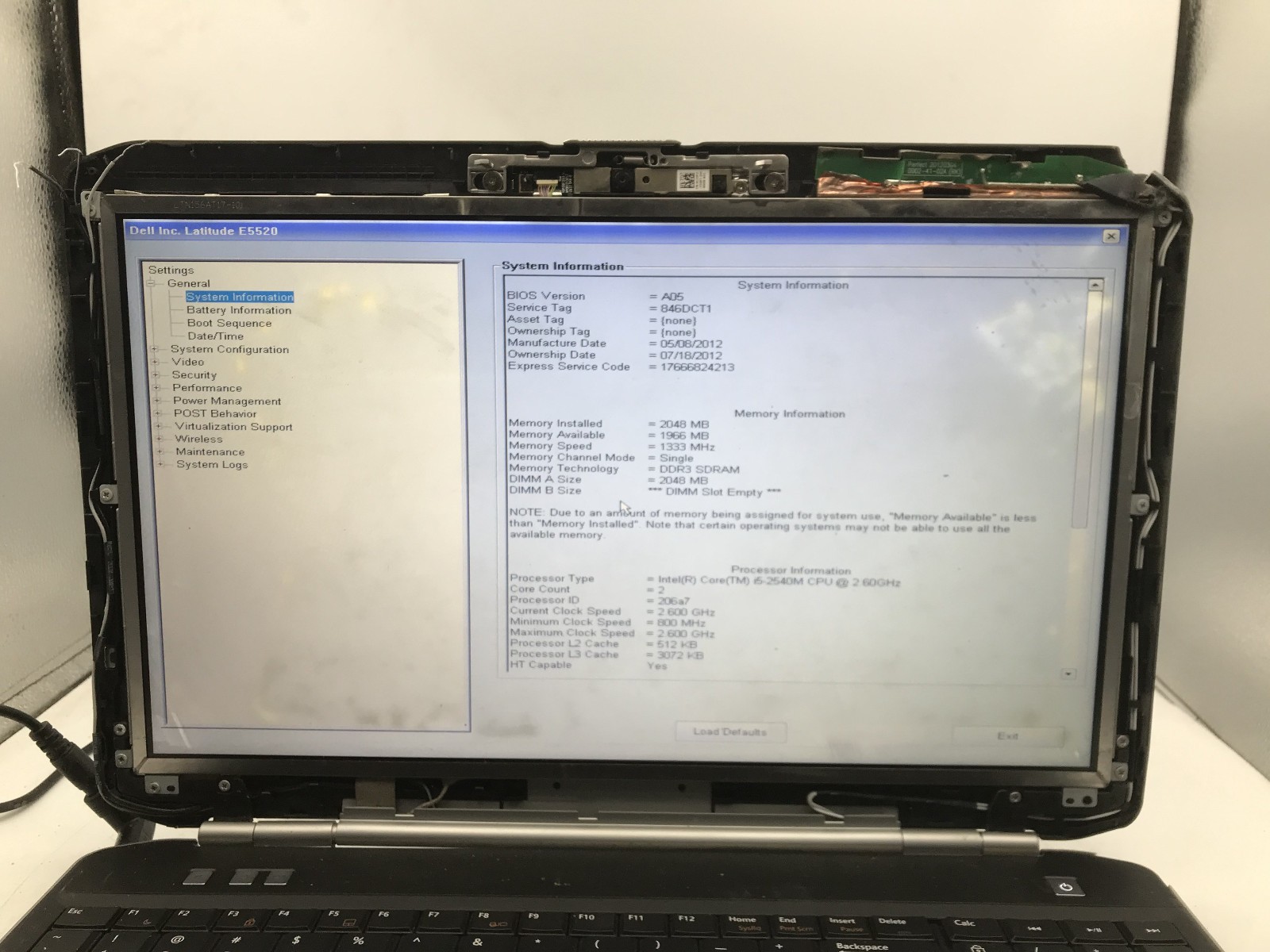 DELL LATITUDE E5520 – BOOTS TO BIOS – INTEL I5 2540M – NO RAM – READ DESCRIP -BB