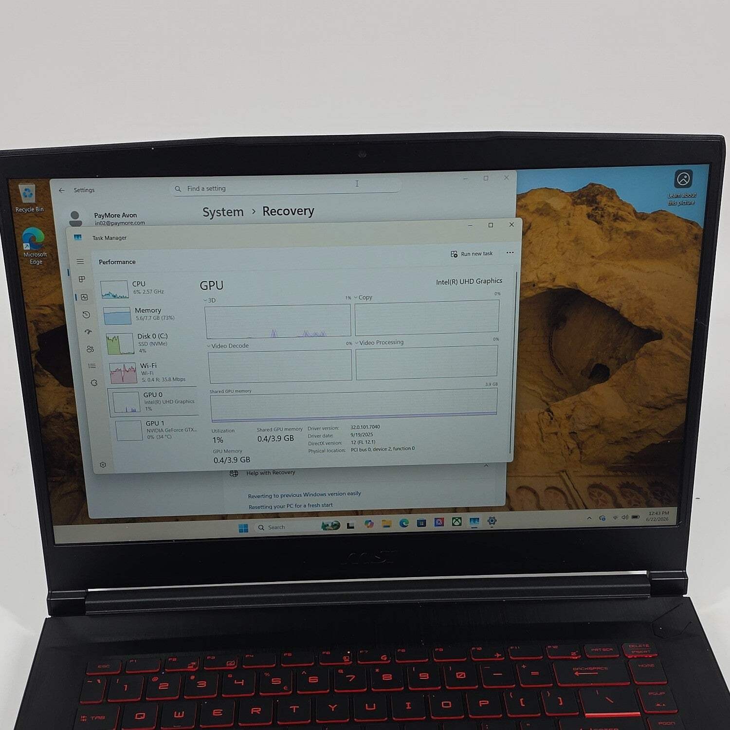 MSI Thin GF63 11SC 15.6″ i5-11400H 2.7GHz 8GB RAM 256GB SSD GeForce GTX 1650