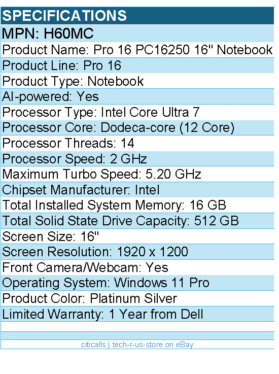Dell H60MC Pro 16 PC16250 16″ Notebook – Full HD Plus – Intel Core Ultra 7
