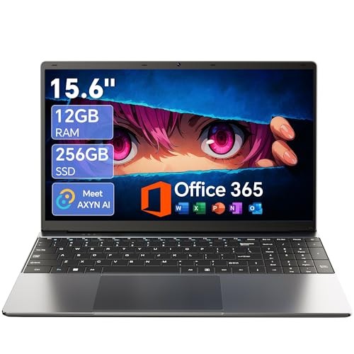 15.6 Inch Laptop with Office 365, 12GB RAM 256GB SSD, Quad-Core Black