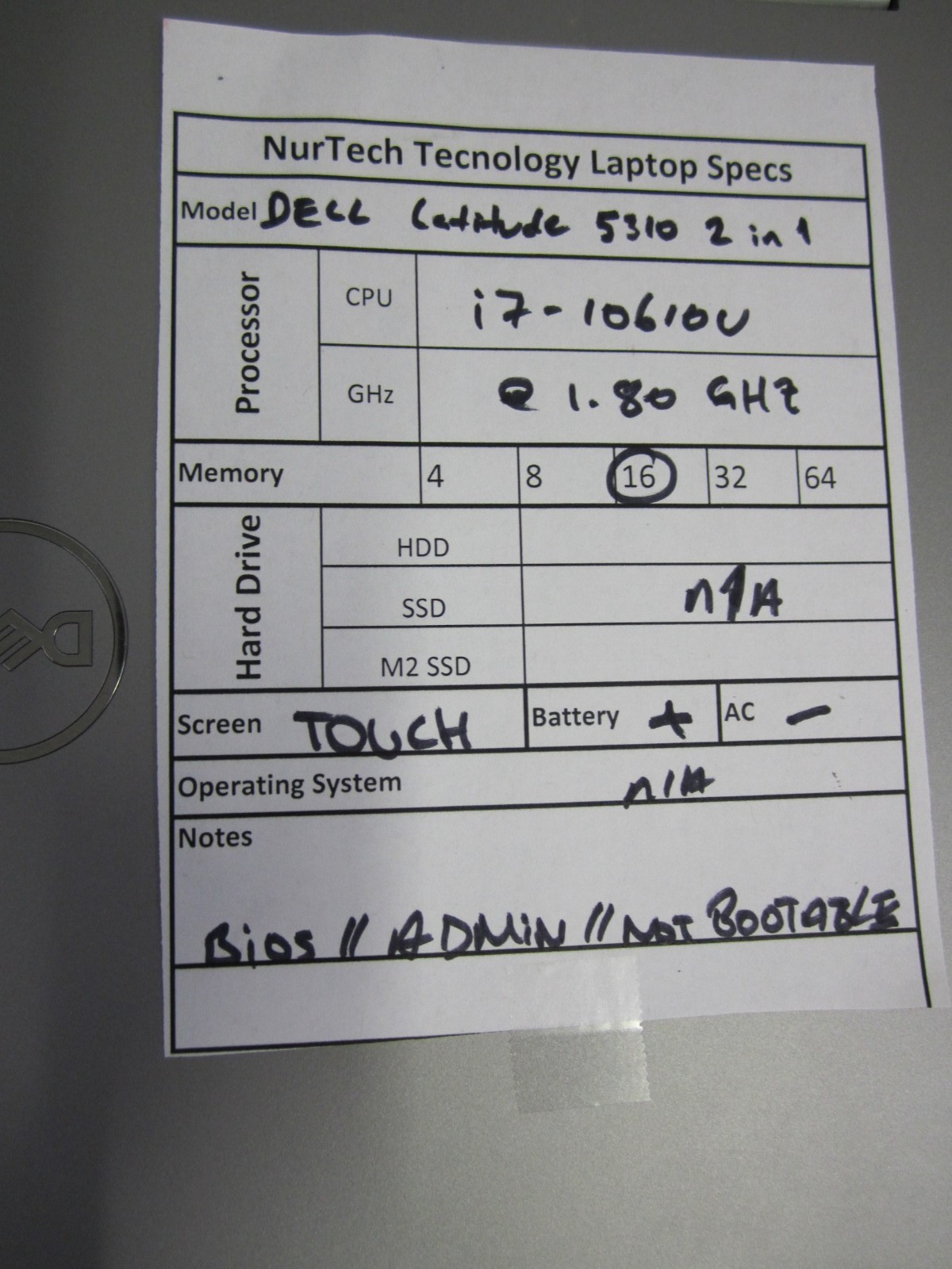 Dell Latitude 5310 2-in-1 i7-10610U 1.80GHz 16GB NO HDD/AC/OS Laptop BIOS