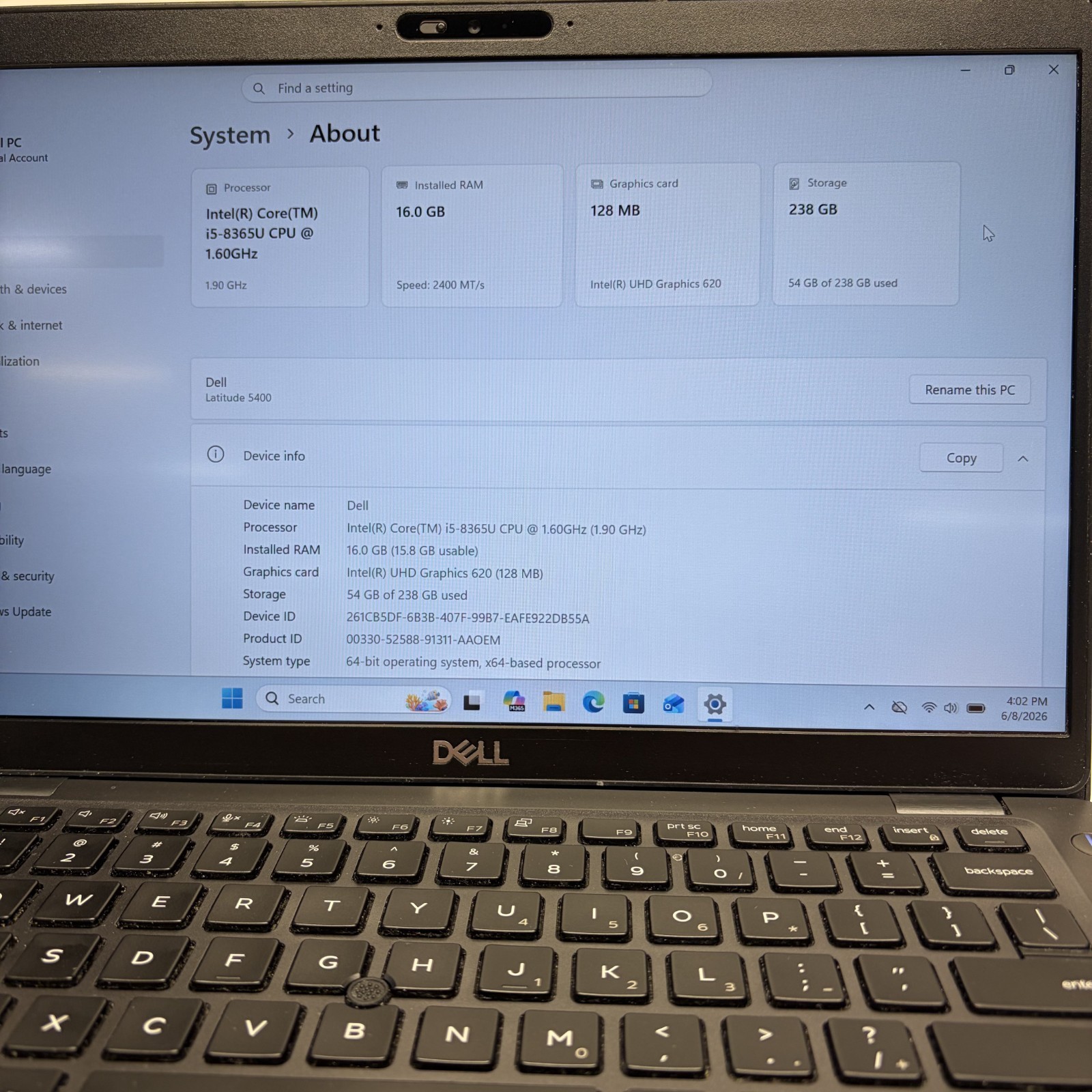 Dell Latitude 5400 14″ Laptop Intel Core i5-8365U 16GB RAM 256GB SSD w/ PS
